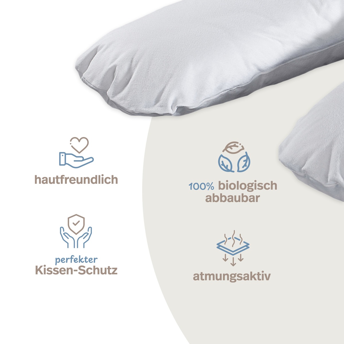 PROCAVE Feinflanell Schutzbezug für Stillkissen — Infografik: hautfreundlich, 100% biologisch abbaubar, atmungsaktiv, perfekter Kissen-Schutz