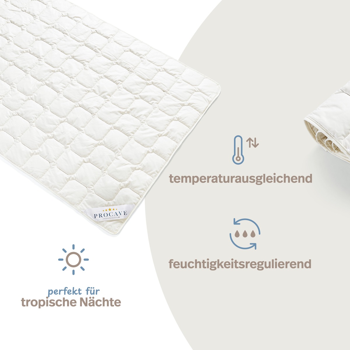 PROCAVE Wildseide Exquisit Qualit&auml;ts-Bettdecke f&uuml;r den Sommer &mdash; Infografik: temperaturausgleichend, feuchtigkeitsregulierend, perfekt f&uuml;r tropische N&auml;chte