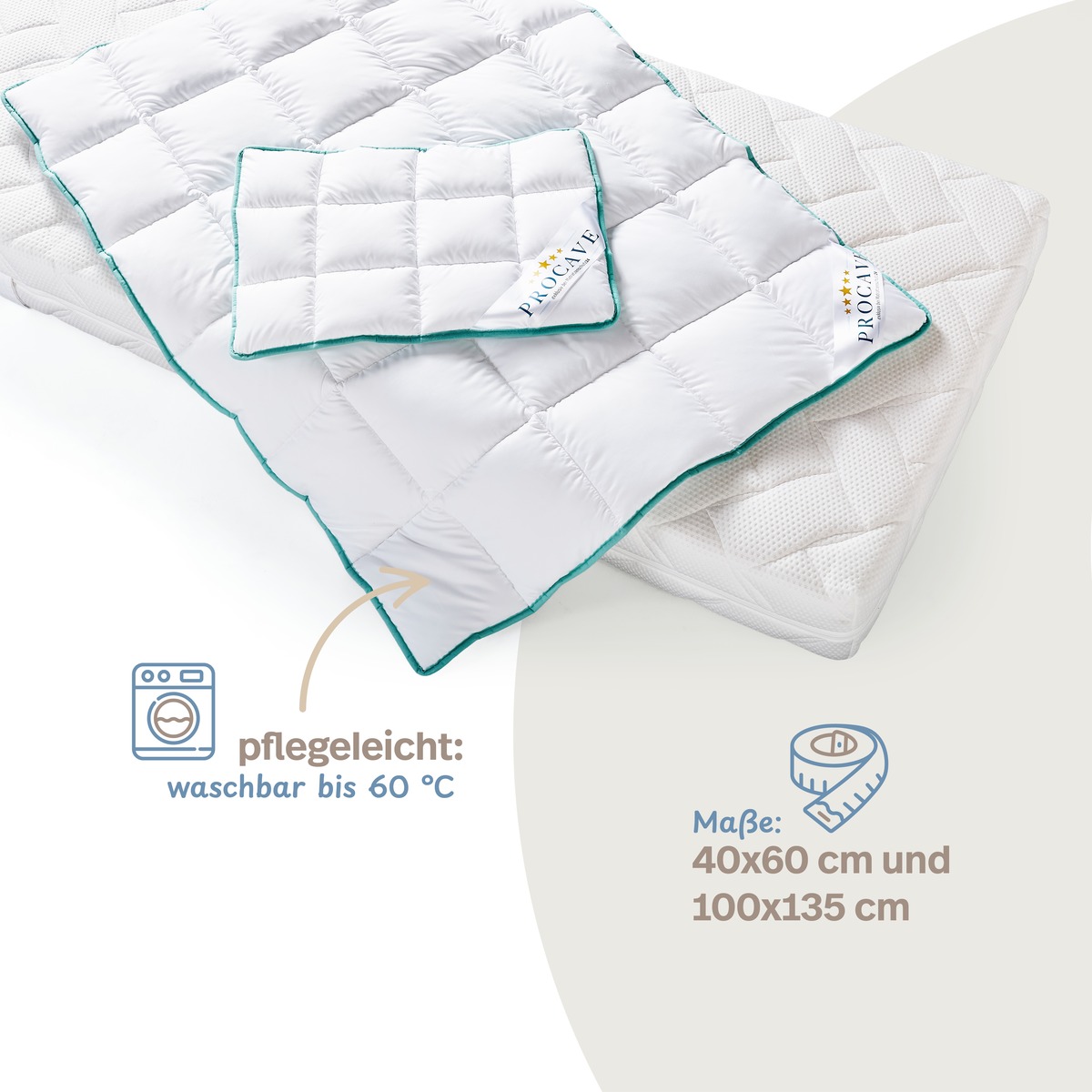 PROCAVE Kinderbetten-Set Aloe Vera — Infografik: pflegeleicht waschbar bis 60 °C, Maße 40x60 cm und 100x135 cm