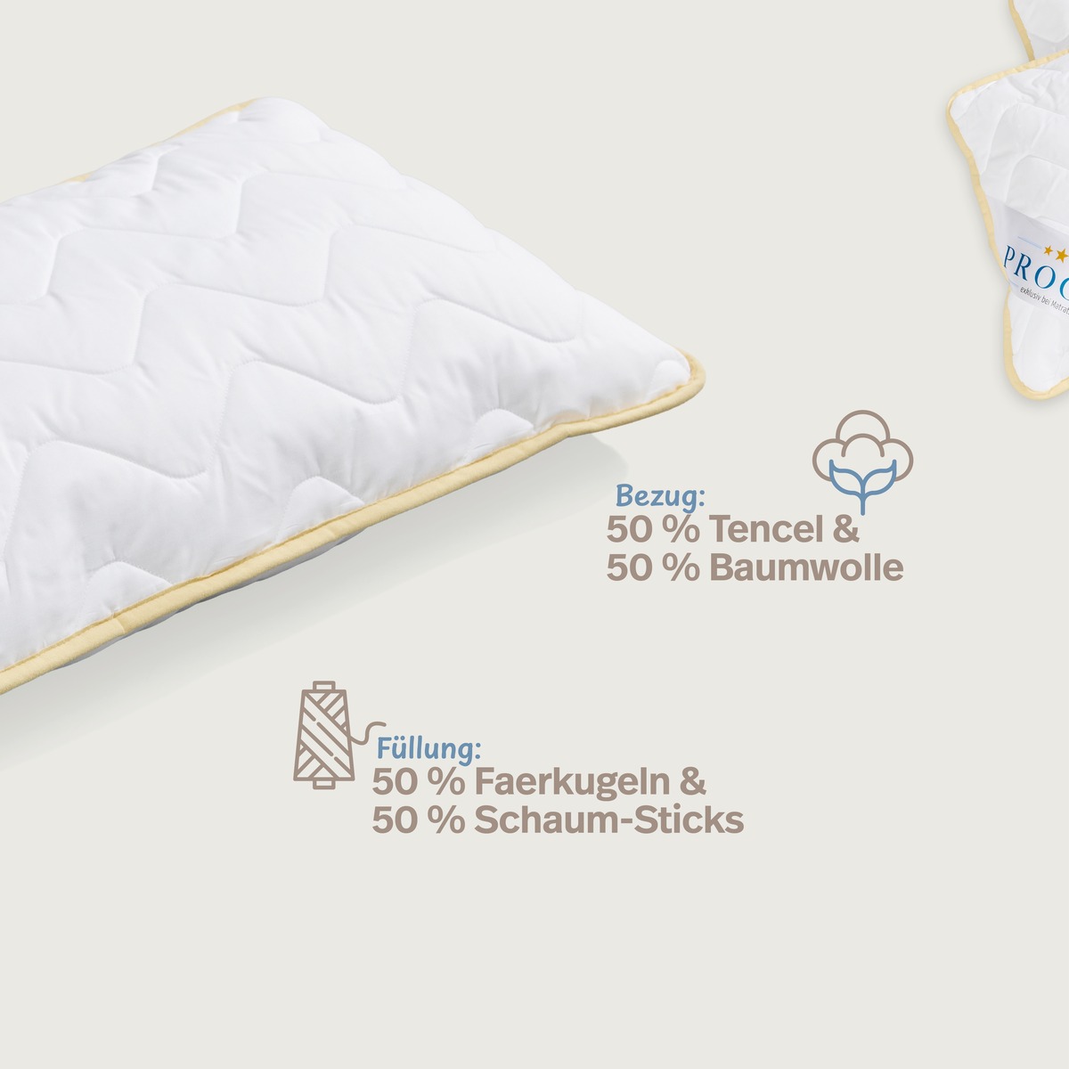 PROCAVE Tencel Qualit&auml;ts-Kopfkissen Infografik &mdash; Bezug 50 % Tencel und 50 % Baumwolle, F&uuml;llung 50 % Faserkugeln und 50 % Schaum-Sticks