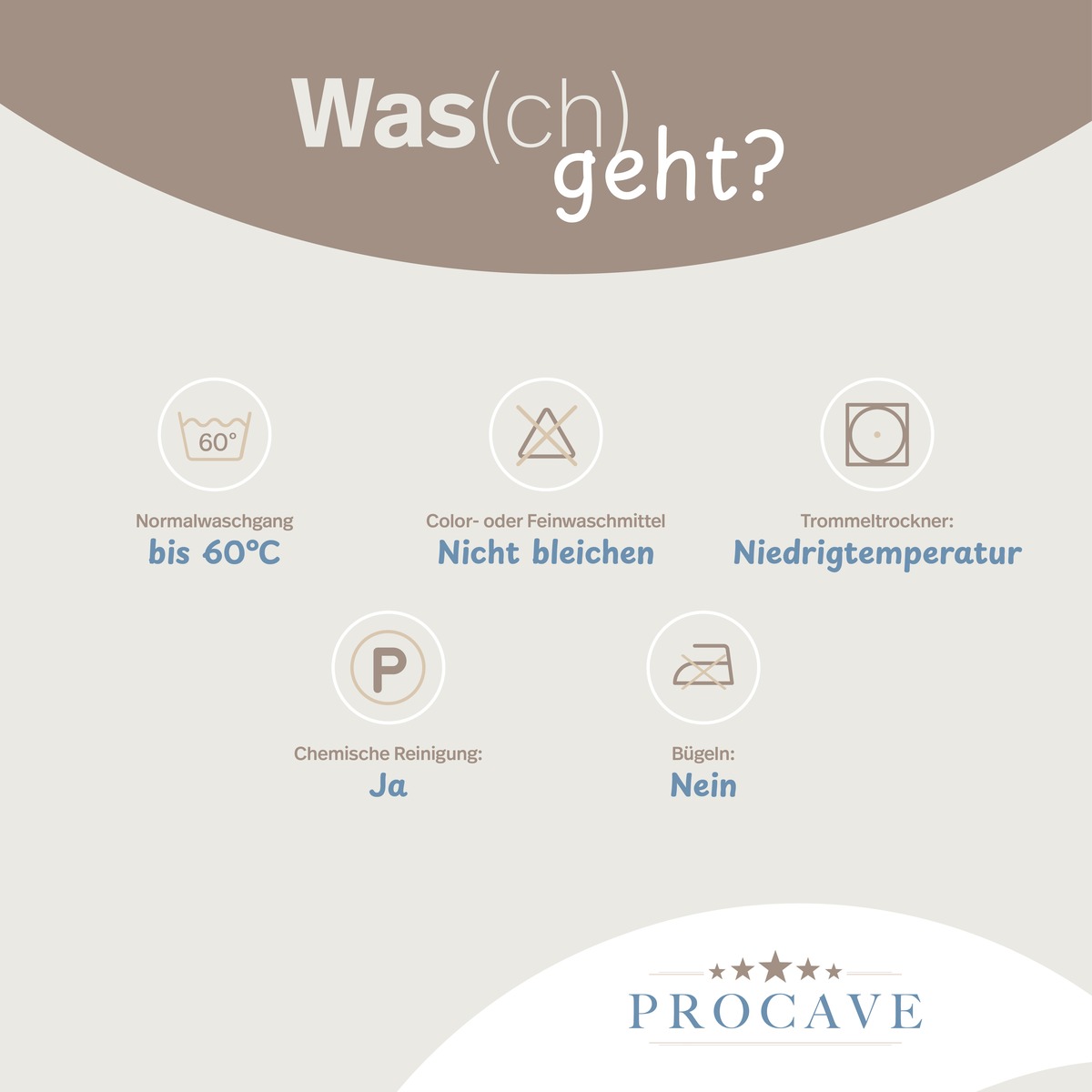 PROCAVE Lyocell Matratzenbezug unversteppt Pflegeinfografik &mdash; Pflegesymbole: Normalwaschgang bis 60 &deg;C, nicht bleichen, kein Trockner, chemische Reinigung m&ouml;glich, nicht b&uuml;geln