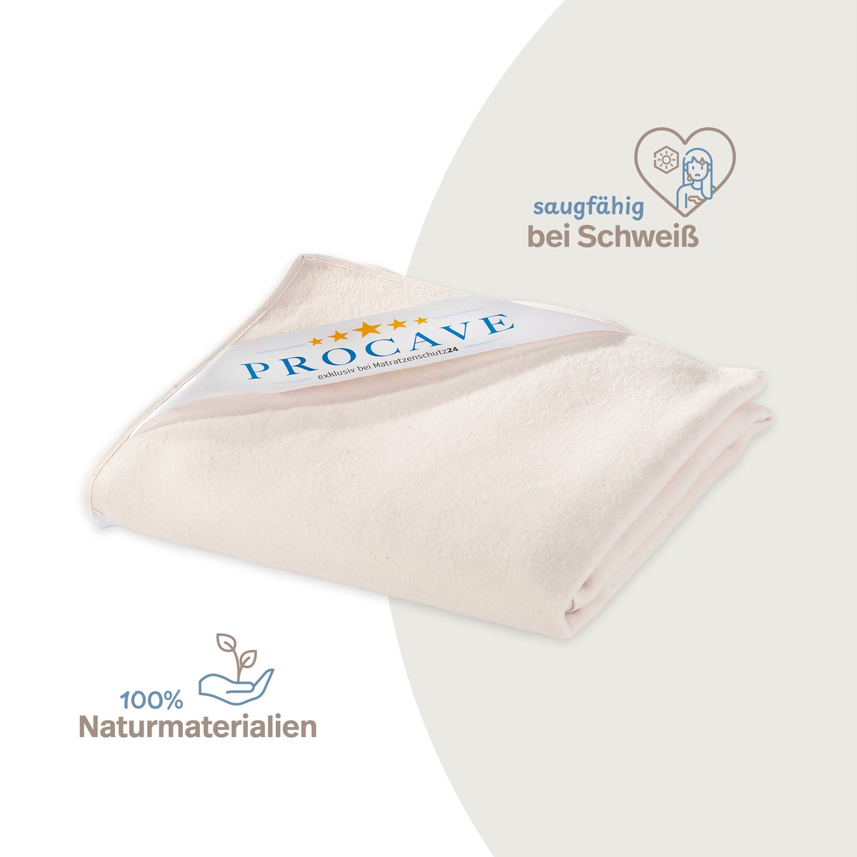 PROCAVE Matratzen-Auflage natur Baumwolle, gefaltet mit Infografik &mdash; saugf&auml;hig bei Schwei&szlig;, 100 % Naturmaterialien