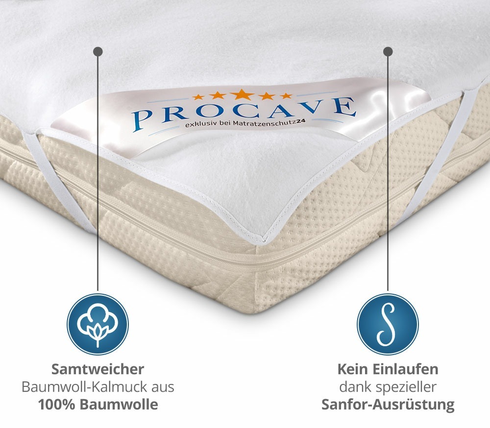 Detailansicht der Molton-Auflage mit Hinweis auf samtweichen Baumwoll-Kalmuck und Sanfor-Ausr&uuml;stung