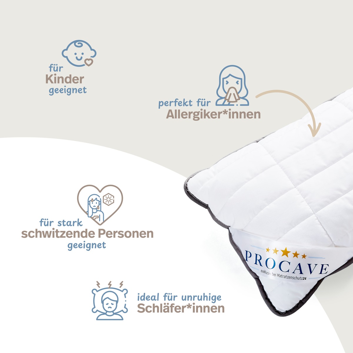 PROCAVE OBJEKT Kopfkissen kochfest in Hotel-Qualität — Infografik: für Kinder geeignet, perfekt für Allergiker*innen, für stark schwitzende Personen, ideal für unruhige Schläfer*innen