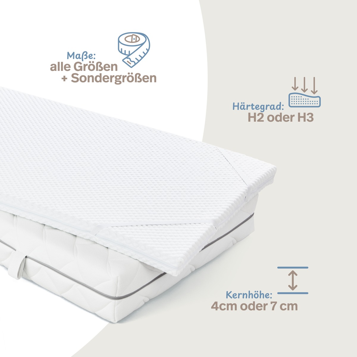 PROCAVE Kaltschaumtopper Classic &mdash; Infografik zeigt Gr&ouml;&szlig;en und Varianten: H&auml;rtegraden H2 oder H3, Kernh&ouml;hen 4 cm oder 7 cm, alle Gr&ouml;&szlig;en plus Sonderma&szlig;e