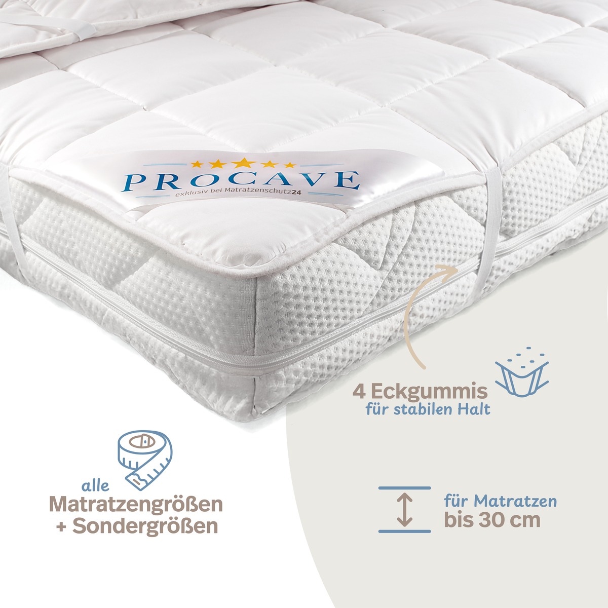 PROCAVE Matratzenschoner NATUR Baumwolle Detailansicht Ecke mit Eckgummi &mdash; Infografik: 4 Eckgummis f&uuml;r stabilen Halt, alle Matratzengr&ouml;ssen, f&uuml;r Matratzen bis 30 cm