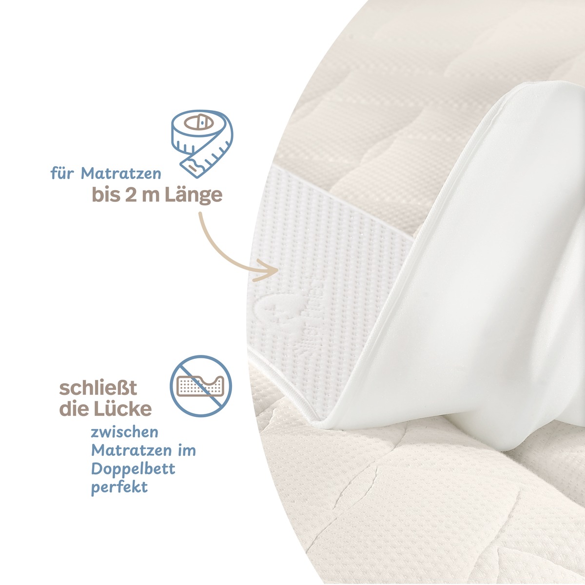 PROCAVE Liebesbr&uuml;cke mit Silver-Protect-Bezug &mdash; Infografik: f&uuml;r Matratzen bis 2 m L&auml;nge, schlie&szlig;t die L&uuml;cke zwischen Matratzen im Doppelbett