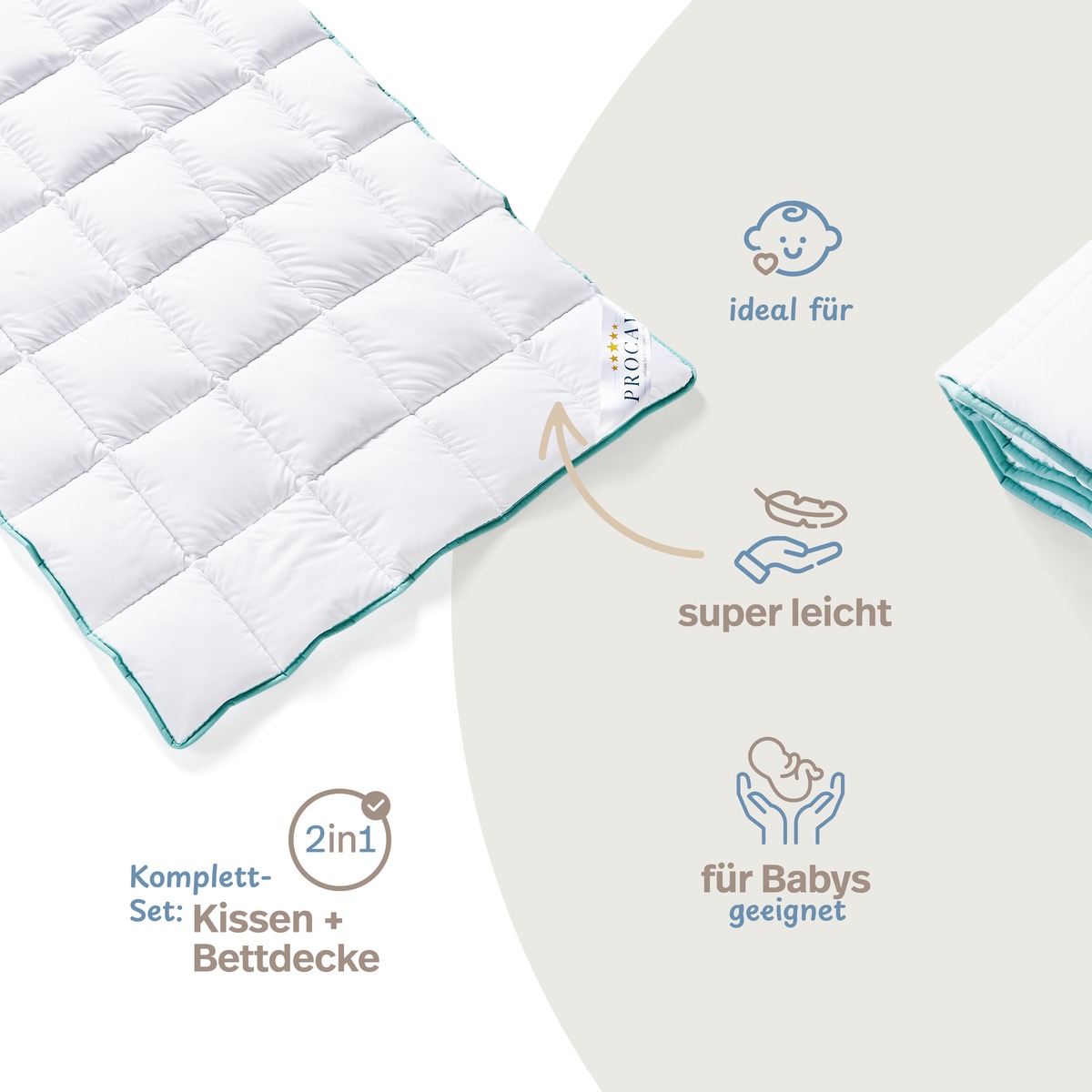 PROCAVE Kinderbetten-Set Aloe Vera — Infografik: 2in1 Kissen und Bettdecke, ideal für Babys, super leicht