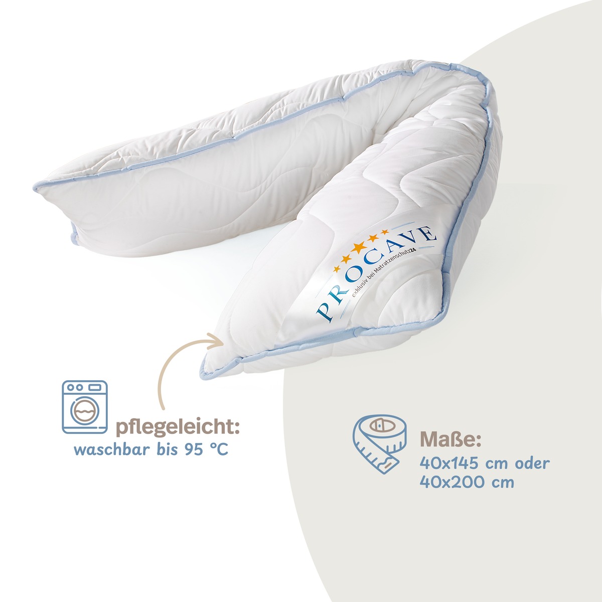 PROCAVE Seitenschläferkissen mit TopCool Kissenbezug — Infografik: pflegeleicht waschbar bis 95°C, Maße 40×145 cm oder 40×200 cm