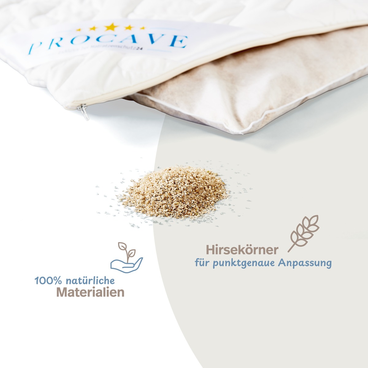 PROCAVE Hirsekissen mit Infografik: Hirsek&ouml;rner als Nahaufnahme, 100% nat&uuml;rliche Materialien, Hirsek&ouml;rner f&uuml;r punktgenaue Anpassung &mdash; atmungsaktiv und feuchtigkeitsregulierend