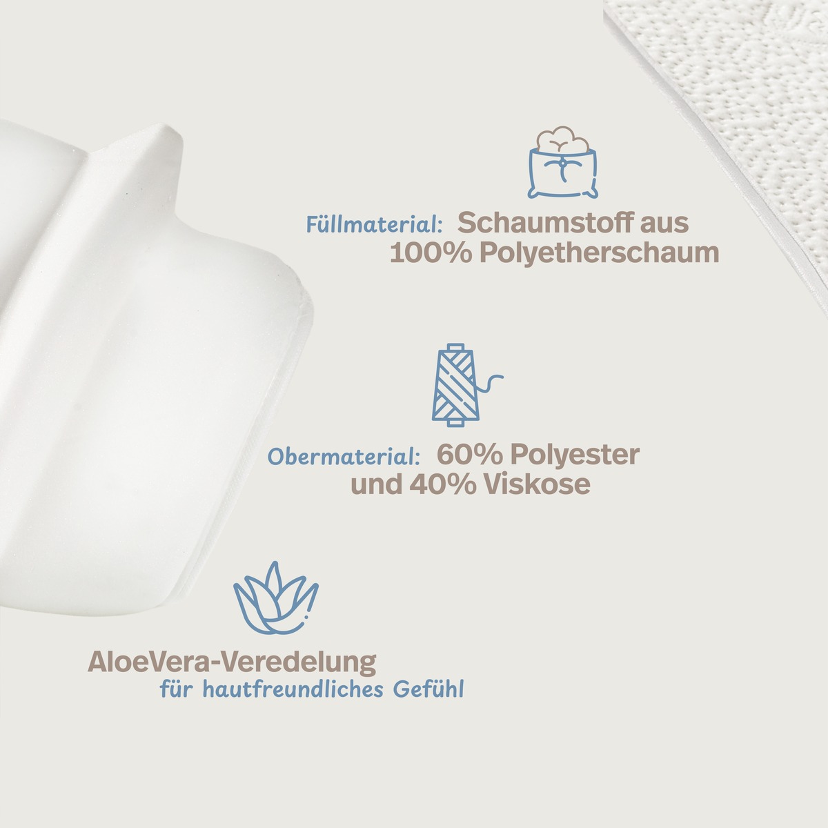 PROCAVE Matratzenkeil mit AloeVera-Bezug — Infografik: AloeVera-Veredelung für hautfreundliches Gefühl, Obermaterial 60 % Polyester und 40 % Viskose, Füllmaterial 100 % Polyetherschaum