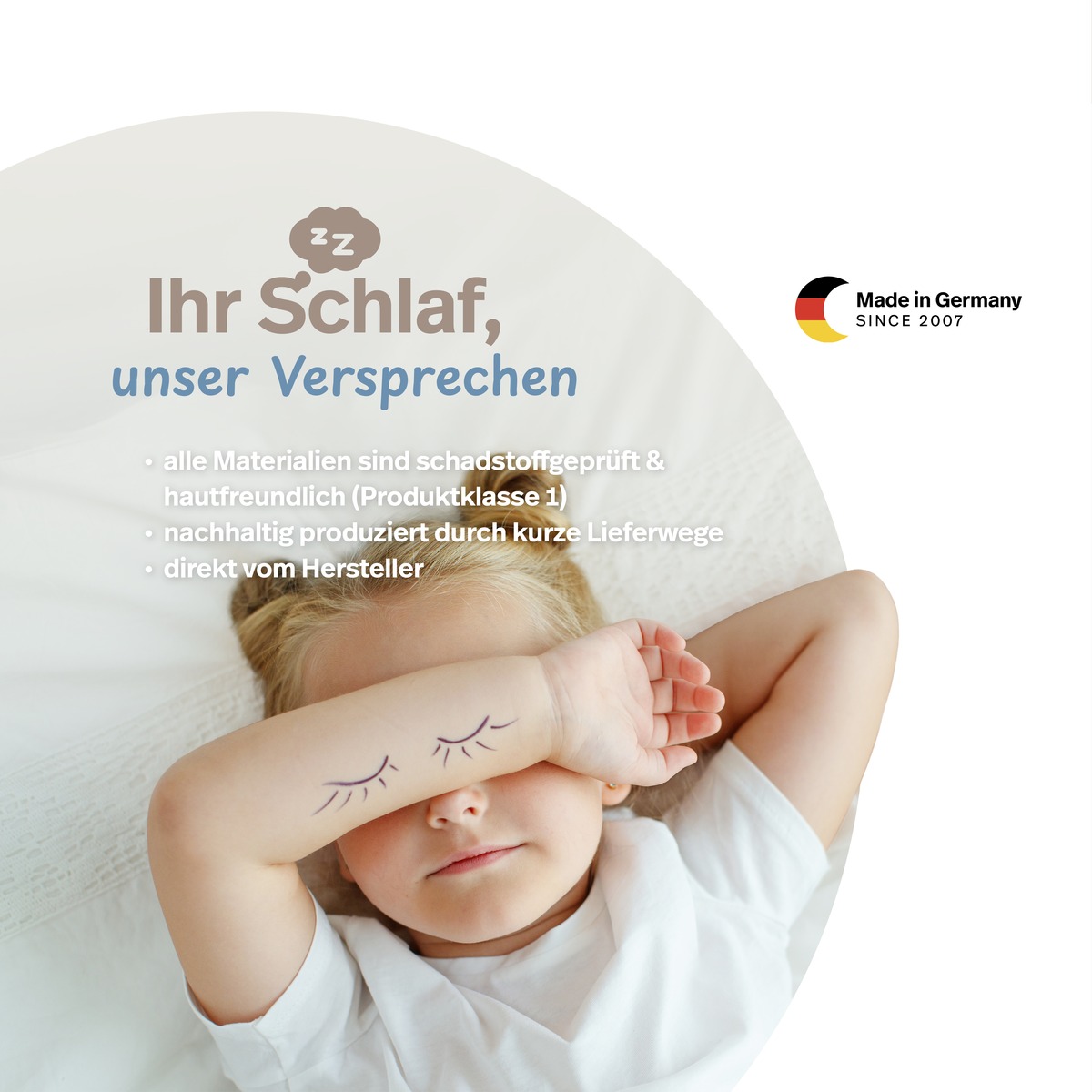 PROCAVE wasserdichter Kissenbezug abwischbar in blau — schlafendes Kind, Infografik: schadstoffgeprüfte und hautfreundliche Materialien der Produktklasse 1, direkt vom Hersteller