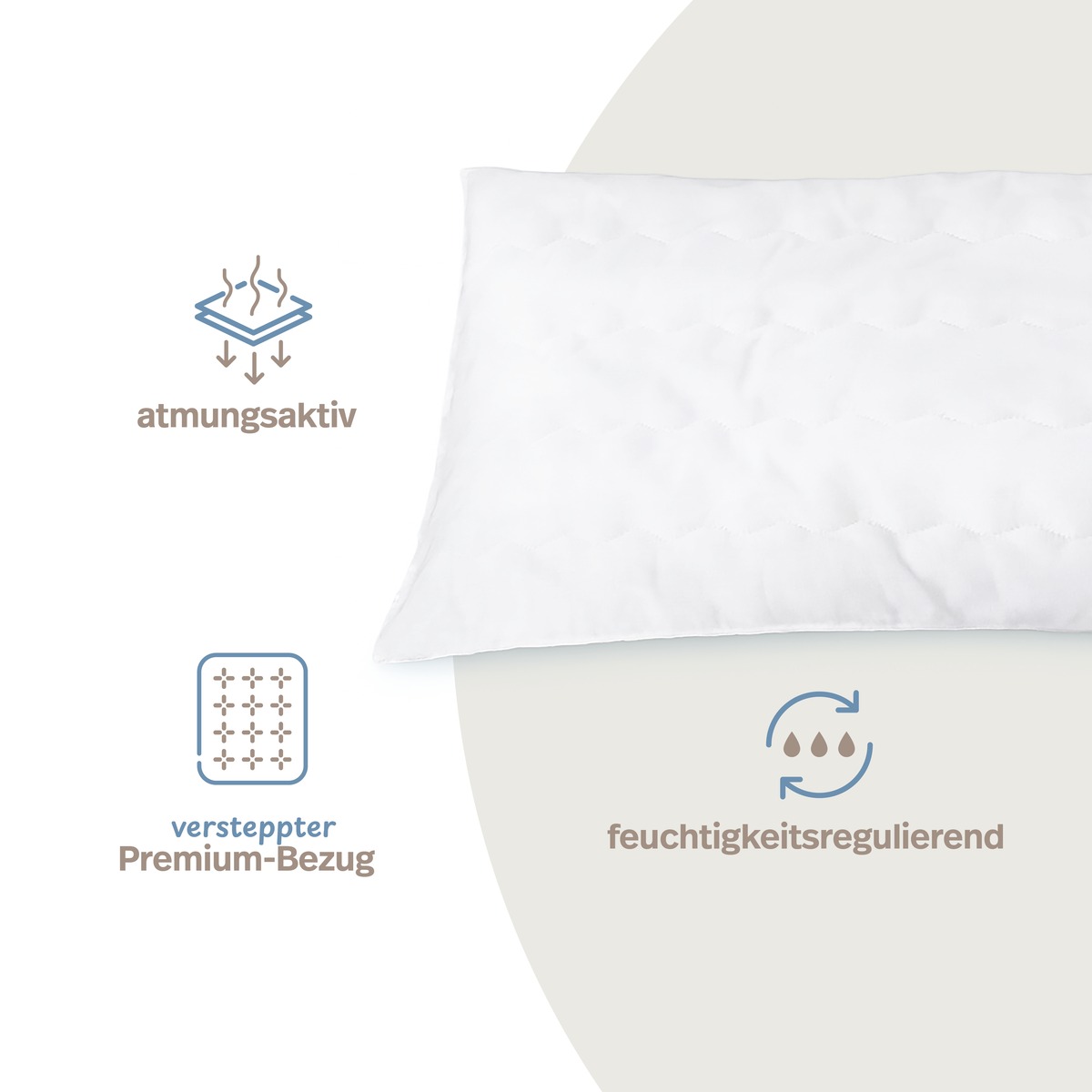 PROCAVE MICRO-COMFORT Kissen versteppt Infografik &mdash; Symbole f&uuml;r atmungsaktiv, versteppter Premium-Bezug und feuchtigkeitsregulierend