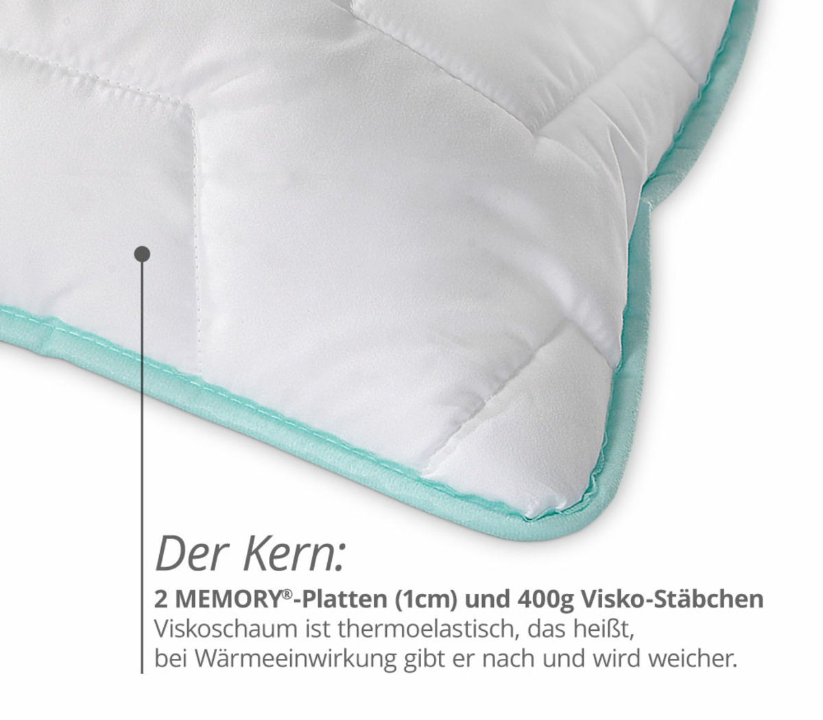 PROCAVE Nackenstützkissen Memory mit AloeVera Kissenbezug — Detailaufnahme der Kissenecke mit Erklärung zum Kern: 2 MEMORY-Platten mit 1 cm und 400 g Visko-Stäbchen, thermoelastisch und bei Wärme nachgebend