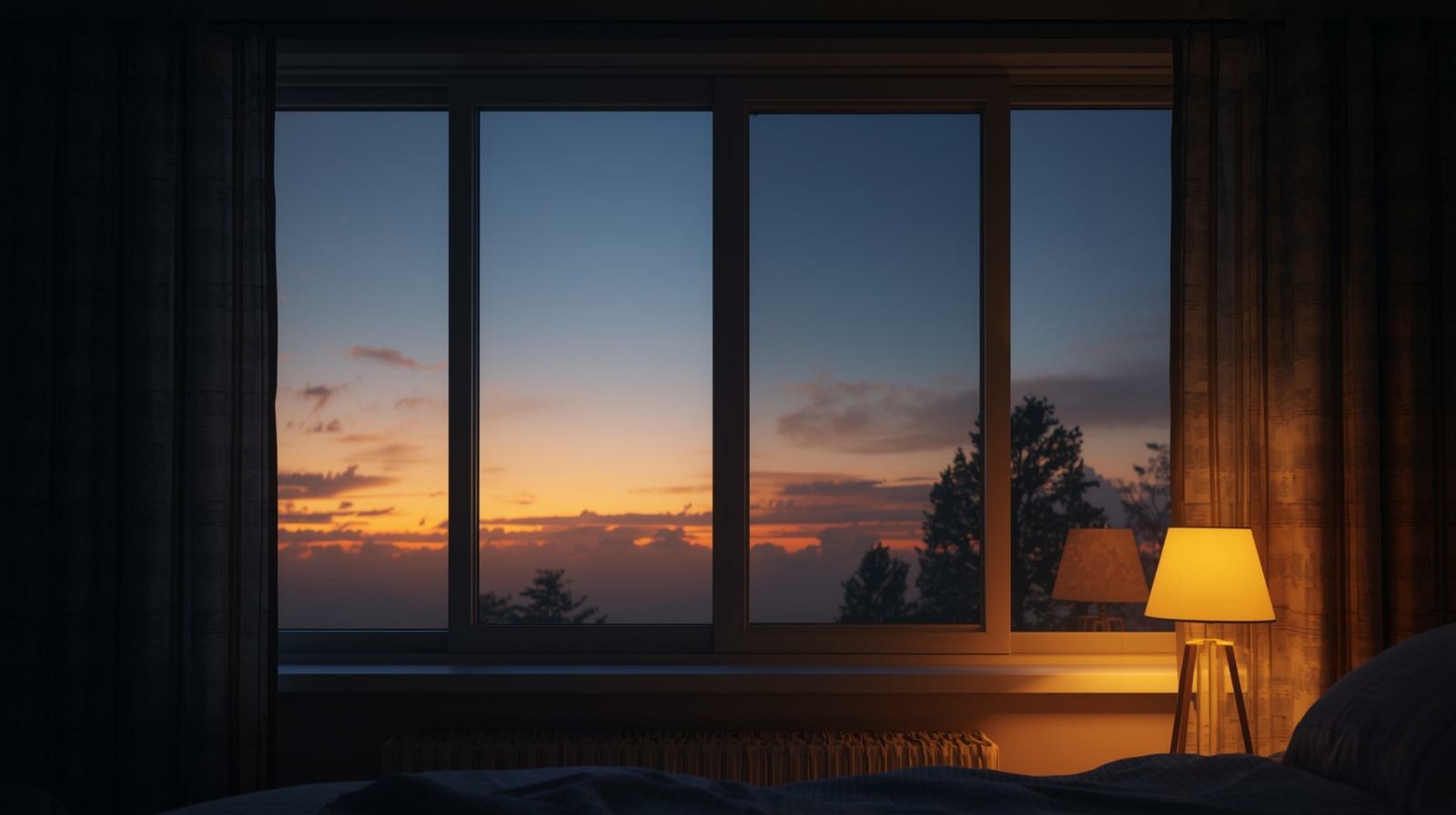 Abendliches Schlafzimmer bei Sonnenuntergang als Teil einer Schlafroutine