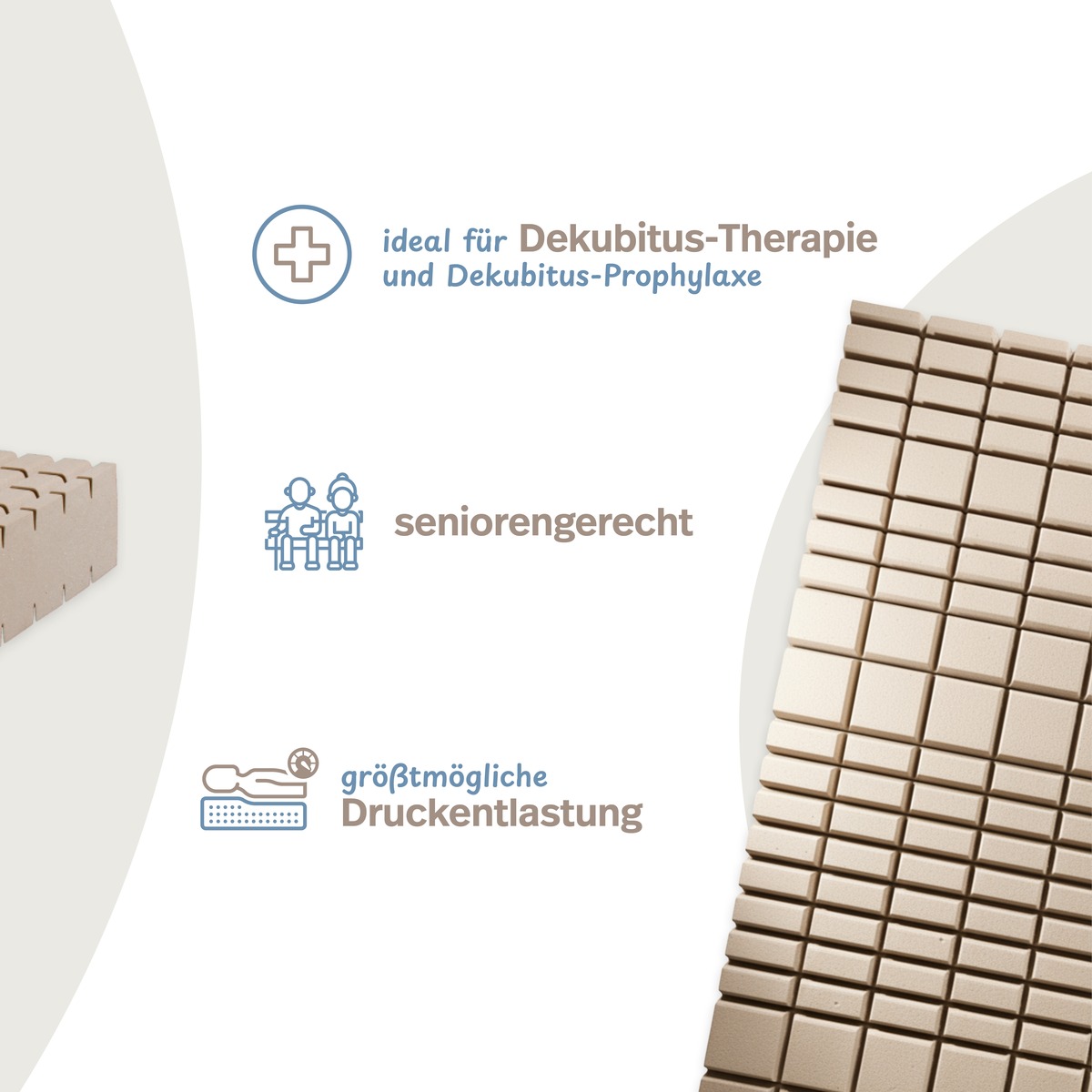 PROCAVE Würfelschnitt-Matratze GN — Infografik: ideal für Dekubitus-Therapie und -Prophylaxe, seniorengerecht, größtmögliche Druckentlastung