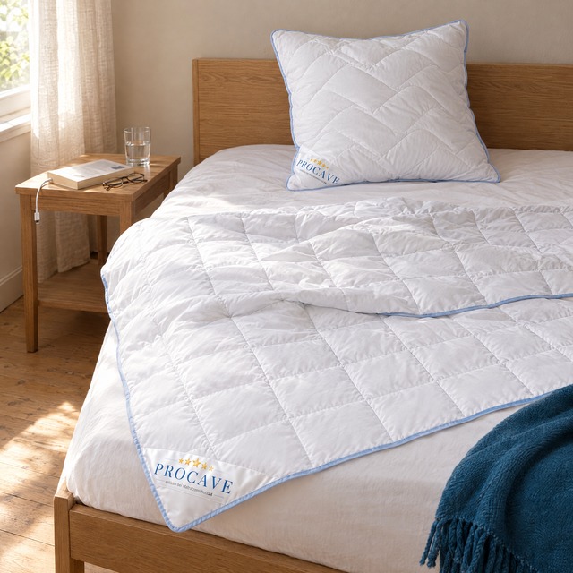 Leichte weiße TopCool Sommerbettdecke und Kopfkissen mit hellblauer Paspel auf einem Bett im Morgenlicht