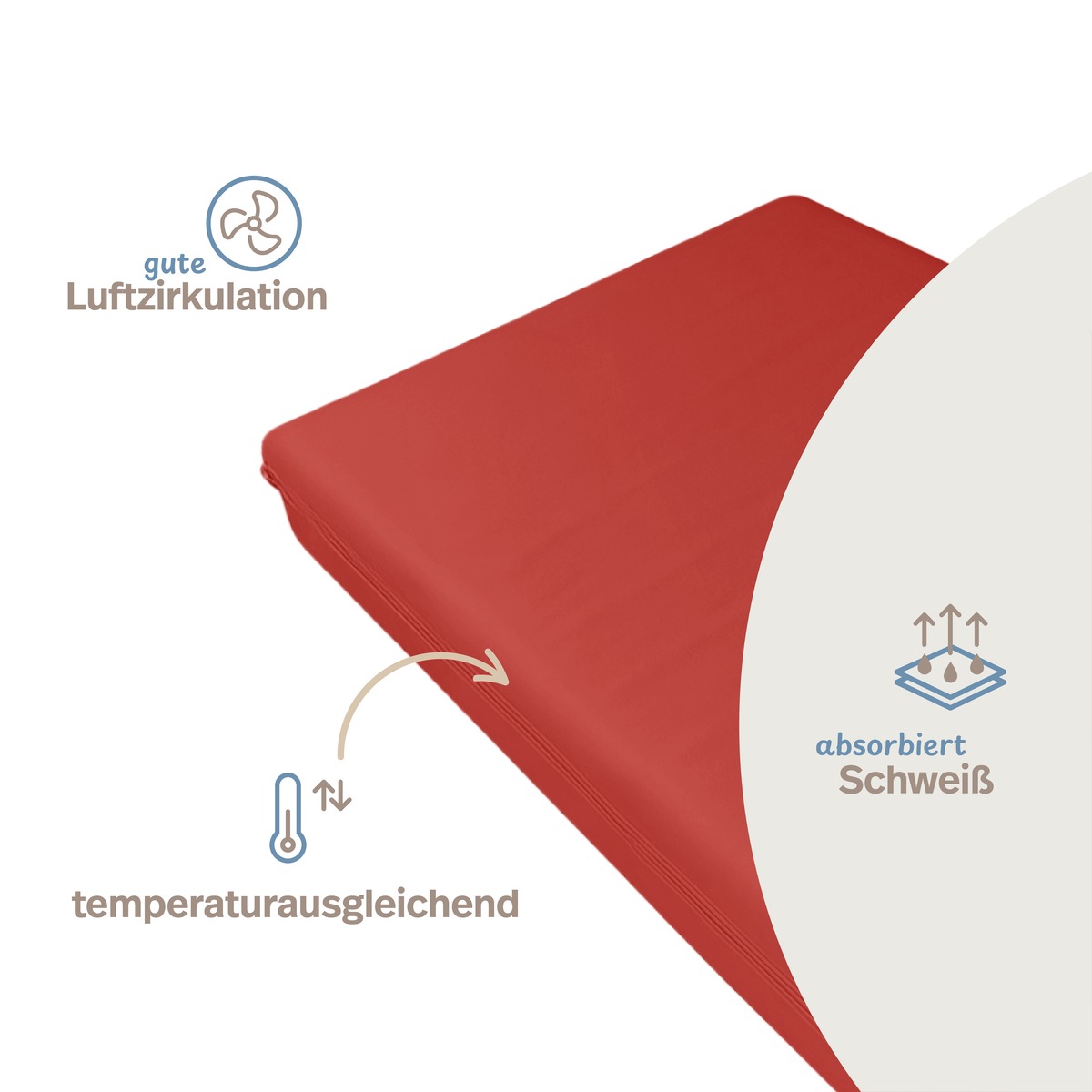 PROCAVE unversteppter Matratzenbezug in Rot &mdash; Infografik: gute Luftzirkulation, temperaturausgleichend, absorbiert Schwei&szlig;