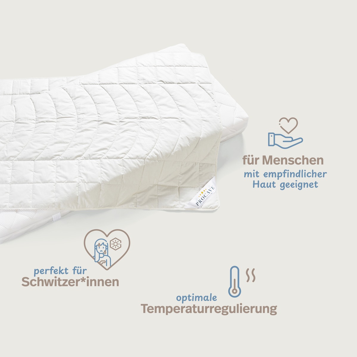PROCAVE Kamelhaar Exquisit Qualit&auml;ts-Bettdecke f&uuml;r den Sommer &mdash; Infografik: f&uuml;r Menschen mit empfindlicher Haut, perfekt f&uuml;r Schwitzer*innen, optimale Temperaturregulierung