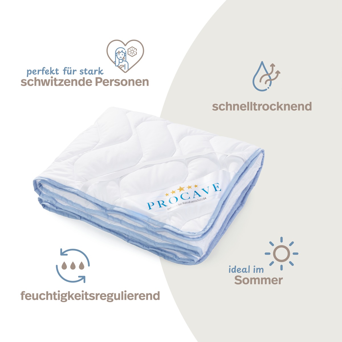 PROCAVE leichtes Unterbett TopCool &mdash; gefaltet mit PROCAVE-Label, Infografik: perfekt f&uuml;r stark schwitzende Personen, schnelltrocknend, feuchtigkeitsregulierend, ideal im Sommer