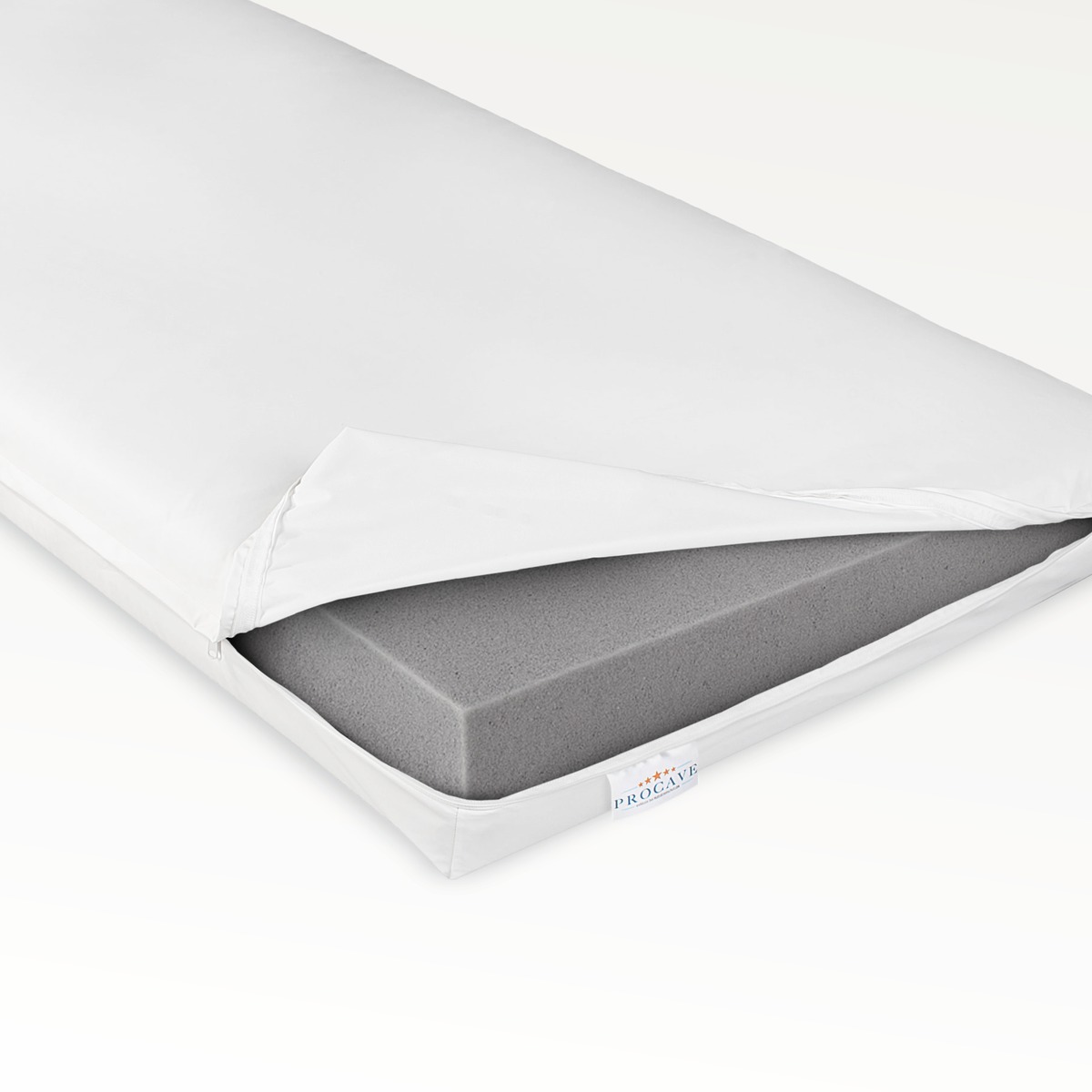 PROCAVE Pflegematratze Wei&szlig; &mdash; Produktfreisteller, Bezug ge&ouml;ffnet mit sichtbarem Kaltschaumkern und abnehmbarem Bezug