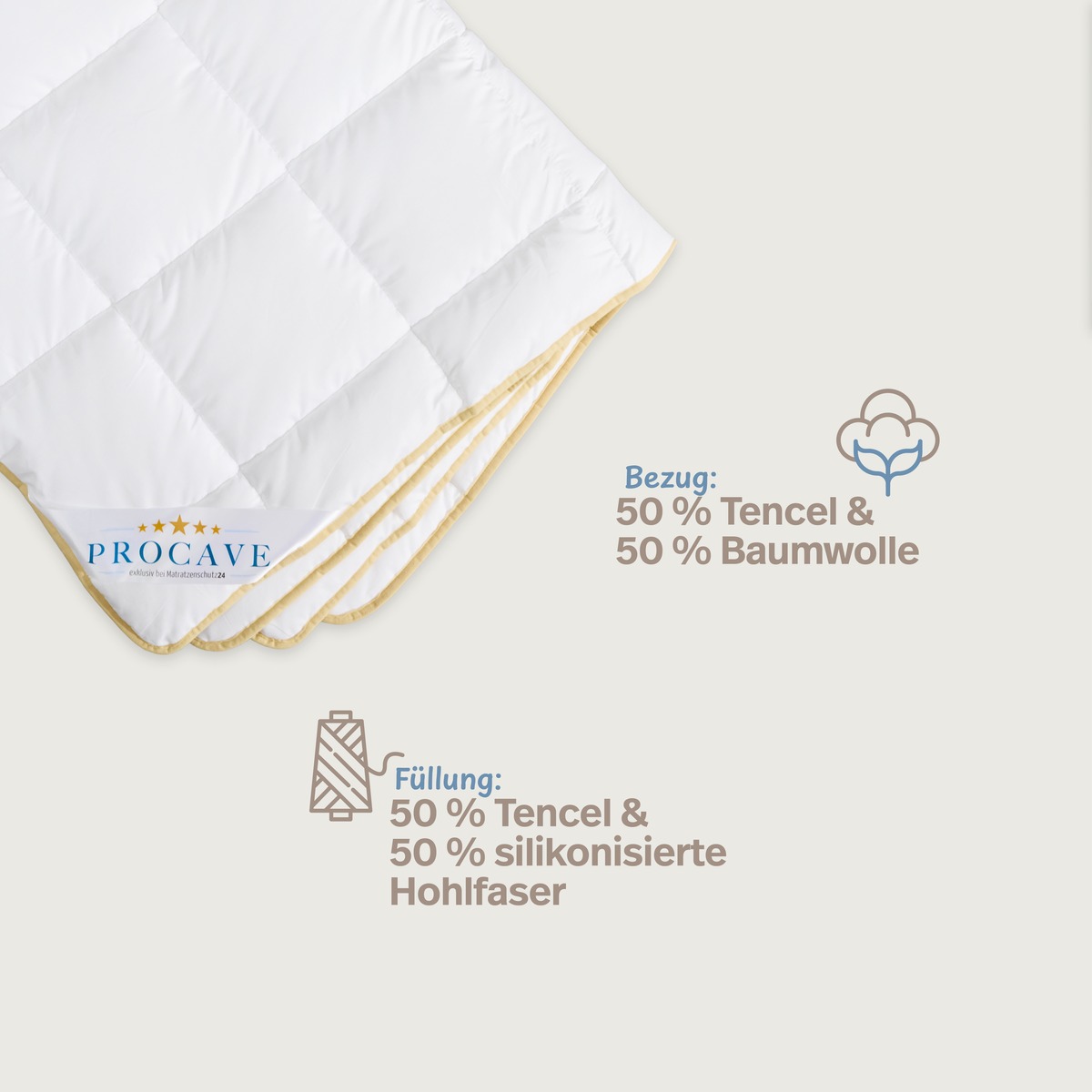 PROCAVE Tencel Qualit&auml;ts-Ganzjahresdecke Infografik &mdash; Bezug 50 % Tencel und 50 % Baumwolle, F&uuml;llung 50 % Tencel und 50 % silikonisierte Hohlfaser