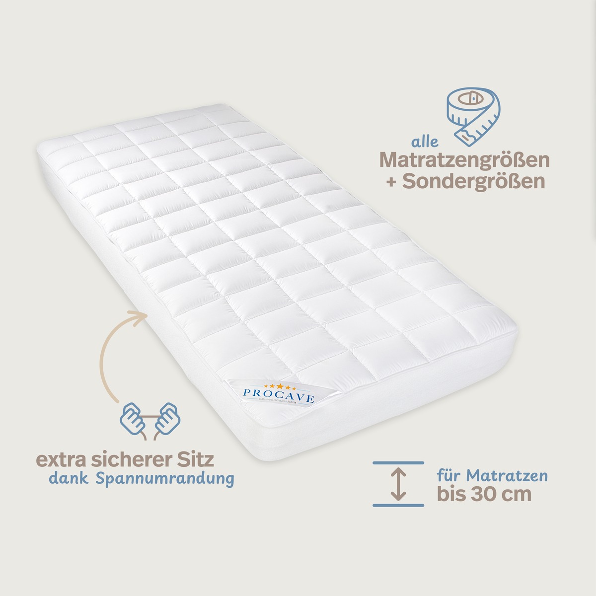 PROCAVE MICRO-COMFORT Matratzenschoner mit Spannumrandung, Infografik &mdash; extra sicherer Sitz dank Spannumrandung, geeignet f&uuml;r Matratzen bis 30 cm, alle Standardgr&ouml;&szlig;en und Sondergr&ouml;&szlig;en