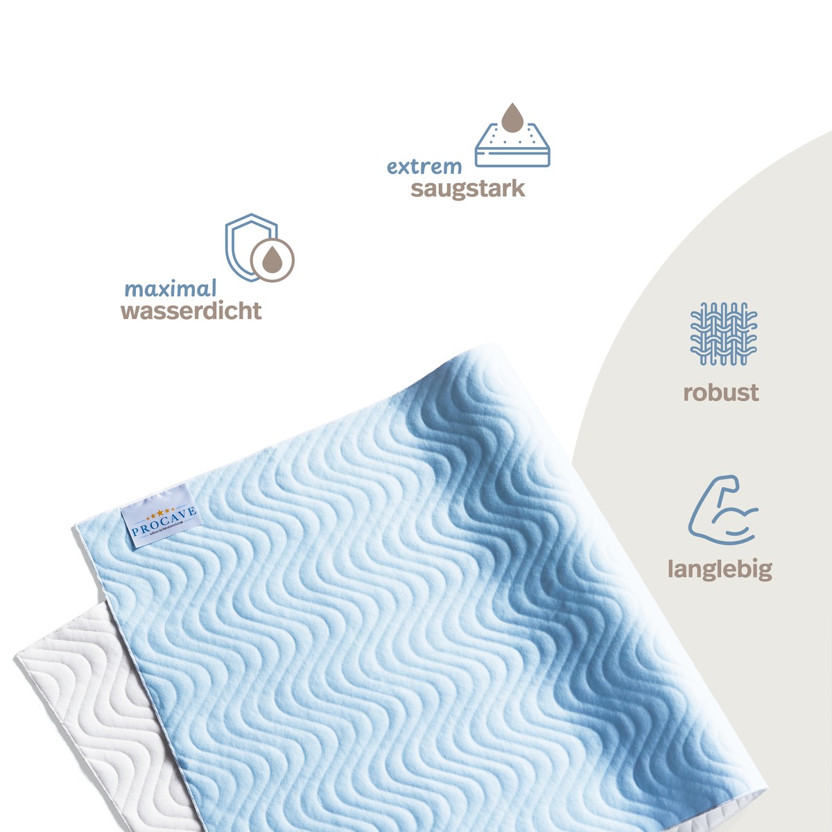 PROCAVE wasserdichtes Stecklaken 5-lagig, flach liegend von oben &mdash; Infografik: maximal wasserdicht, extrem saugstark, robust, langlebeig