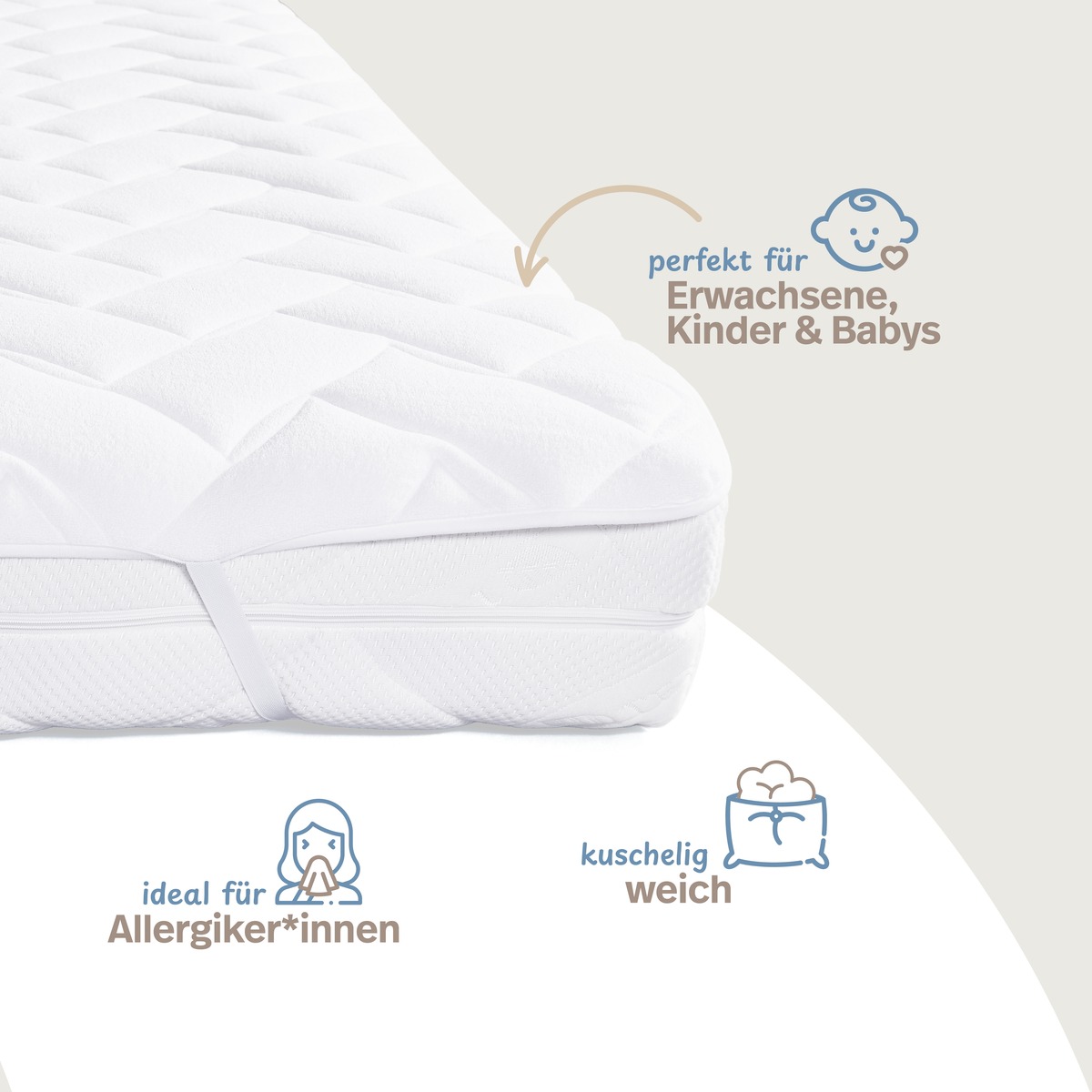 PROCAVE Matratzenauflage Frottee &mdash; Infografik zeigt Zielgruppen: perfekt f&uuml;r Erwachsene, Kinder und Babys; ideal f&uuml;r Allergiker*innen; kuschelig weich Sensation