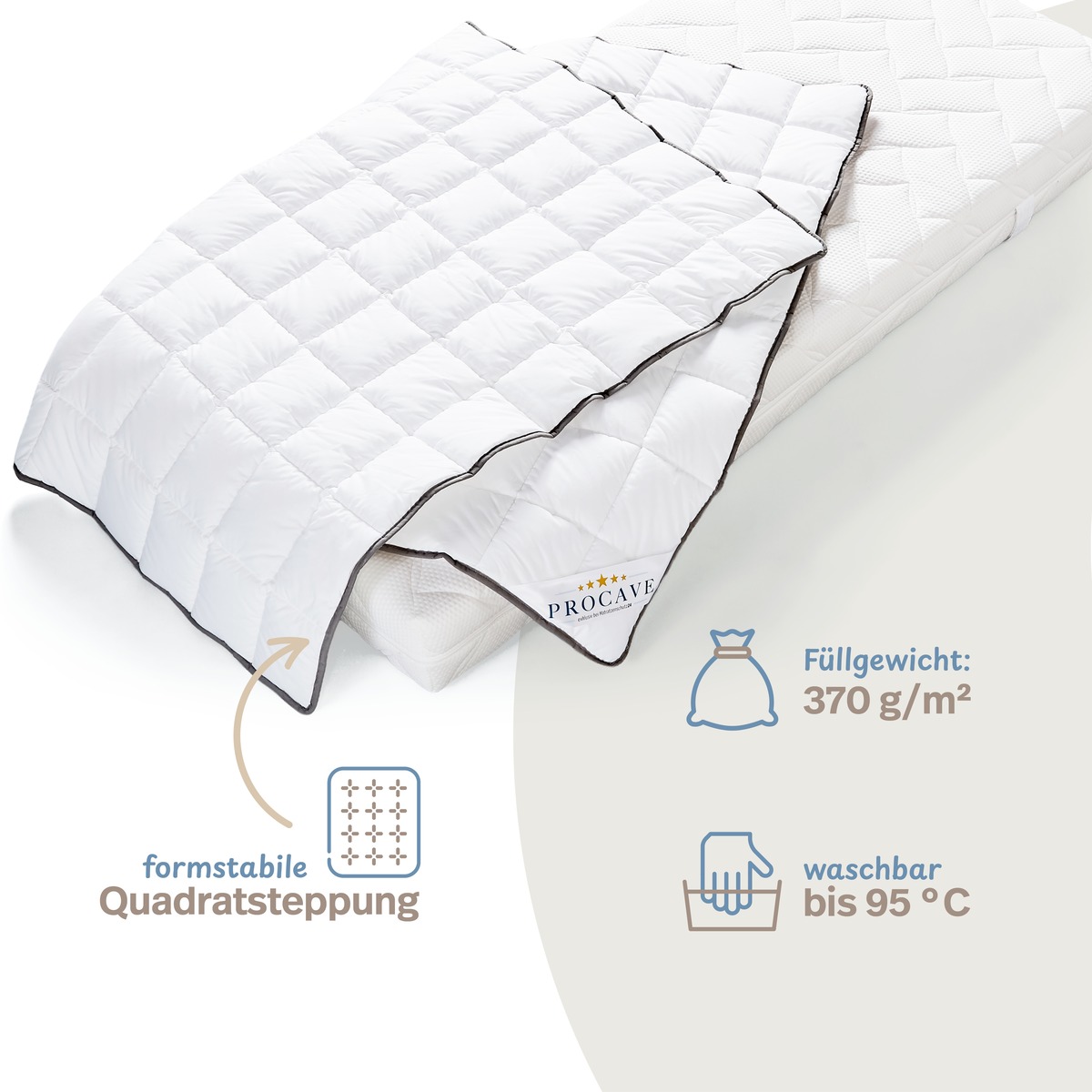 PROCAVE OBJEKT Bettdecke kochfest Hotel-Qualit&auml;t &mdash; Infografik: formstabile Quadratsteppung, F&uuml;llgewicht 370 g/m&sup2;, waschbar bis 95 &deg;C