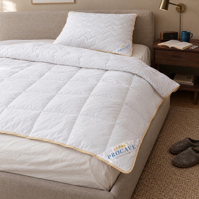 Weiße Tencel Ganzjahresdecke und Kopfkissen mit cremefarbener Paspel auf einem Bett im Schlafzimmer