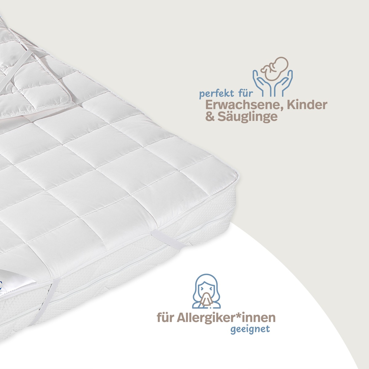 PROCAVE Matratzenschoner NATUR Baumwolle Detailansicht Ecke auf Matratze &mdash; Infografik: perfekt f&uuml;r Erwachsene, Kinder und S&auml;uglinge, geeignet f&uuml;r Allergiker*innen
