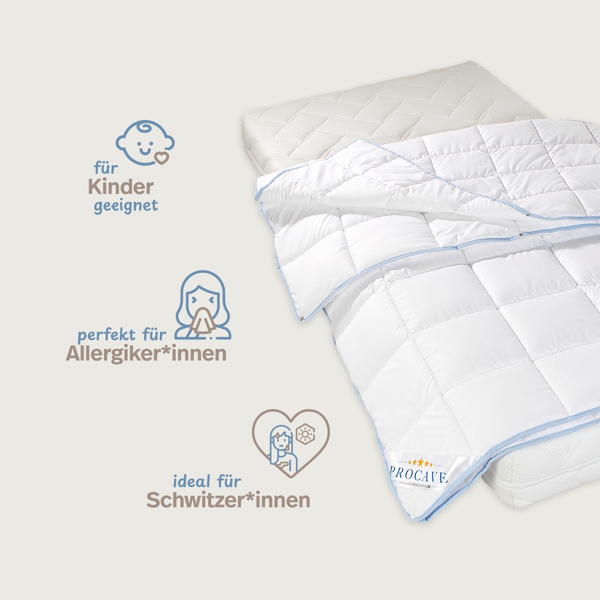 PROCAVE TopCool kochfeste Qualit&auml;ts-4-Jahreszeitendecke mit Druckkn&ouml;pfen &mdash; Infografik: geeignet f&uuml;r Kinder, Allergiker*innen und Schwitzer*innen