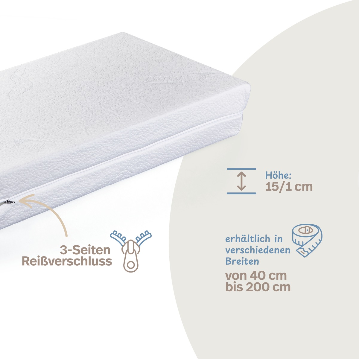 PROCAVE Bettkeil mit AloeVera-Doppeltuch-Bezug — Infografik: 3-Seiten-Reißverschluss, Höhe 15/1 cm, erhältlich in Breiten von 40 bis 200 cm