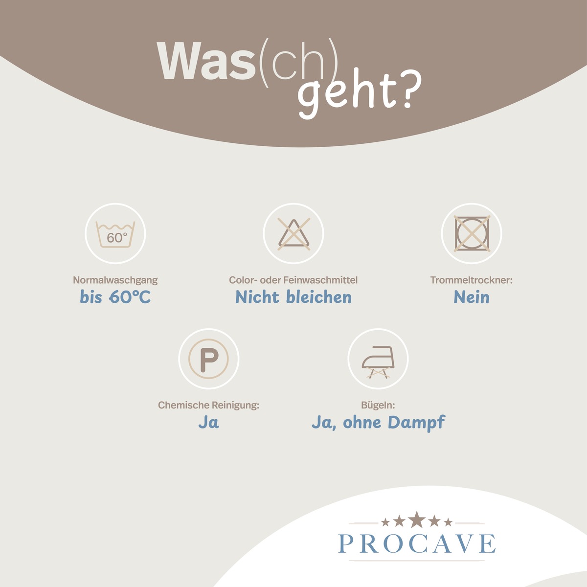 PROCAVE Matratzenschoner NATUR Baumwolle Pflegeinfografik &mdash; Pflegesymbole: bis 60 &deg;C waschbar, nicht bleichen, kein Trockner, chemische Reinigung m&ouml;glich, b&uuml;geln ohne Dampf