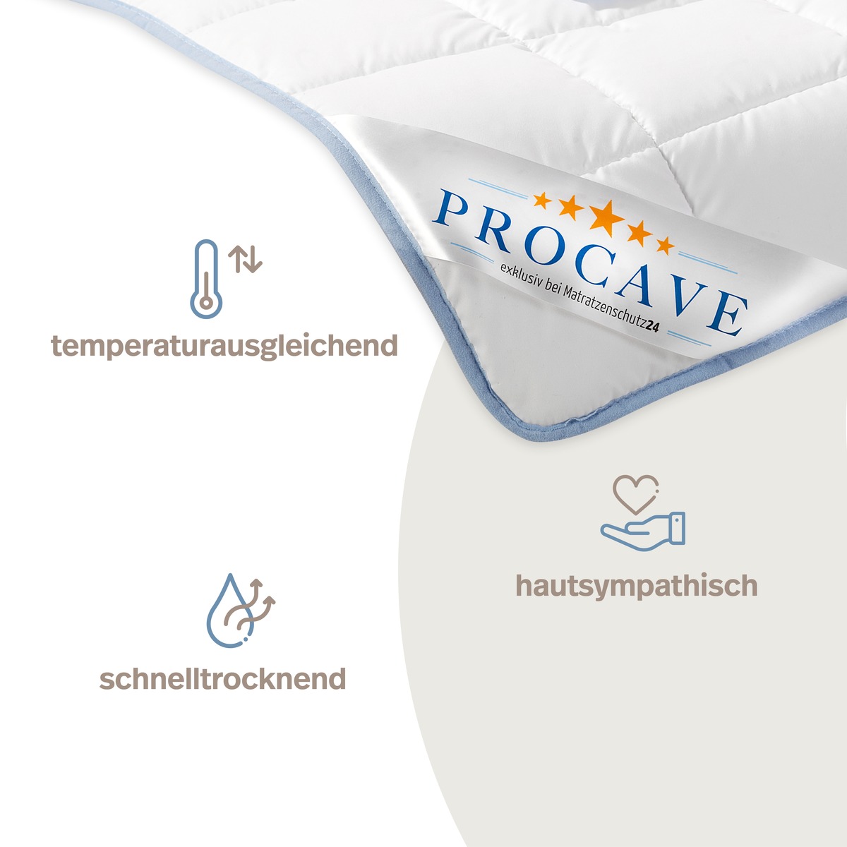 PROCAVE TopCool kochfeste Qualit&auml;ts-Sommerbettdecke &mdash; Infografik mit PROCAVE-Label: Icons f&uuml;r temperaturausgleichend, schnelltrocknend und hautsympathisch
