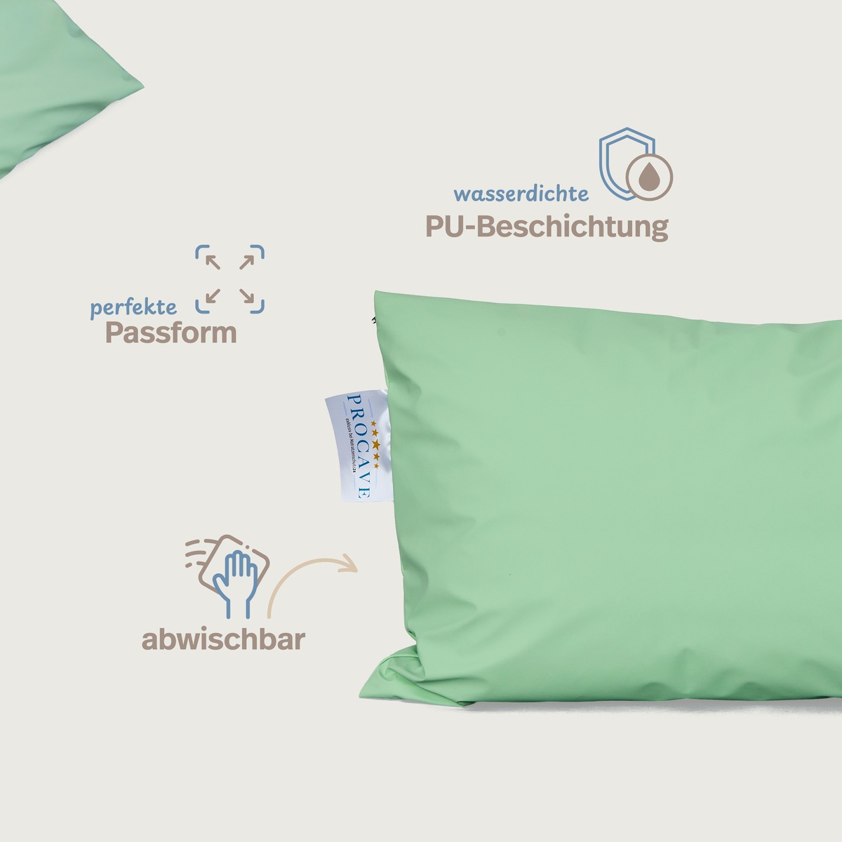 PROCAVE wasserdichter Kissenbezug abwischbar in grün — Infografik: wasserdichte PU-Beschichtung, perfekte Passform, abwischbar