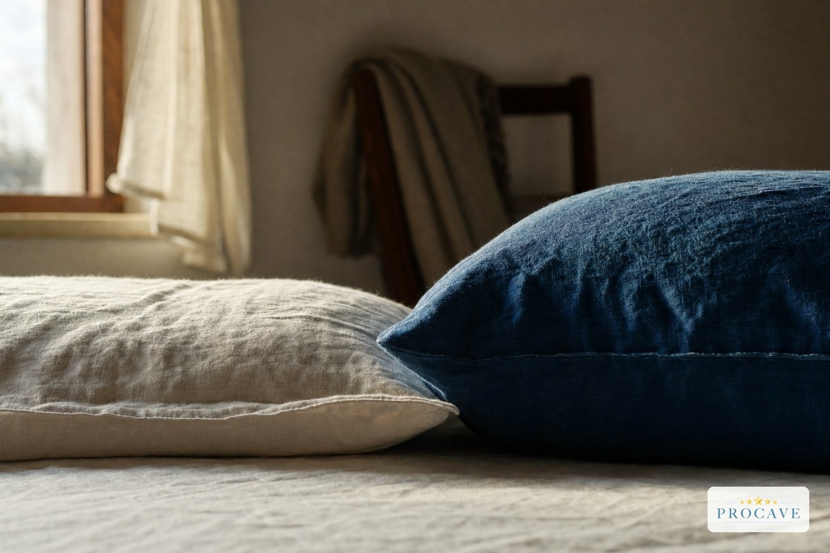 Zwei unterschiedlich hohe Kopfkissen von der Seite nebeneinander auf einem Bett.