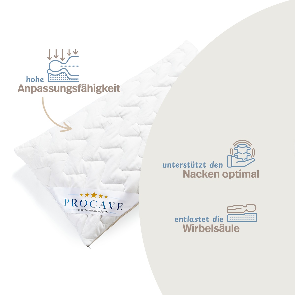 PROCAVE Hirsekissen mit Infografik: hohe Anpassungsf&auml;higkeit, unterst&uuml;tzt den Nacken optimal, entlastet die Wirbels&auml;ule &mdash; punktelastische St&uuml;tzkraft