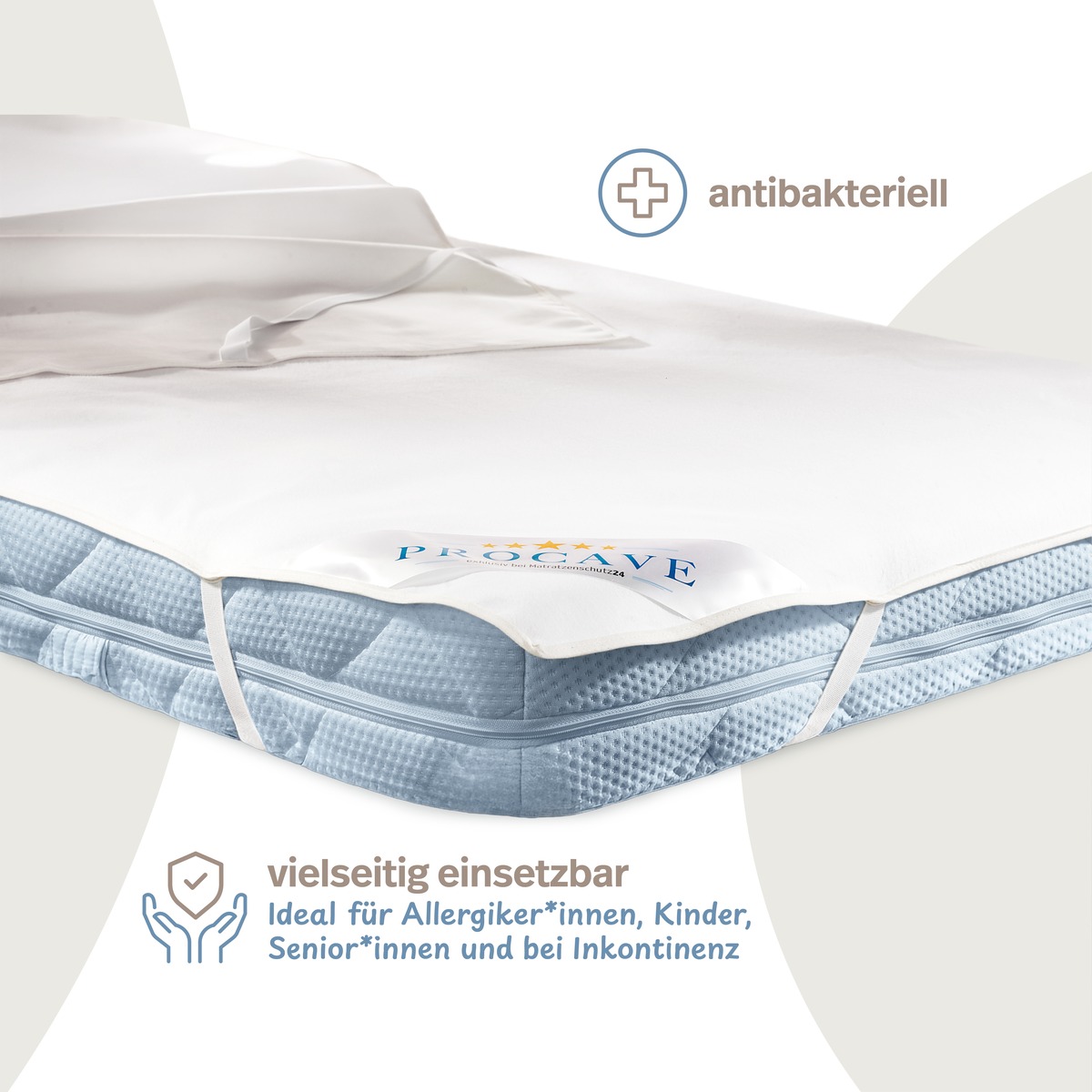 PROCAVE Wasserundurchl&auml;ssige Matratzen-Auflage 2-lagig auf Bett mit Kissen &mdash; Infografik: antibakteriell, vielseitig einsetzbar f&uuml;r Allergikerinnen, Kinder, Seniorinnen und bei Inkontinenz