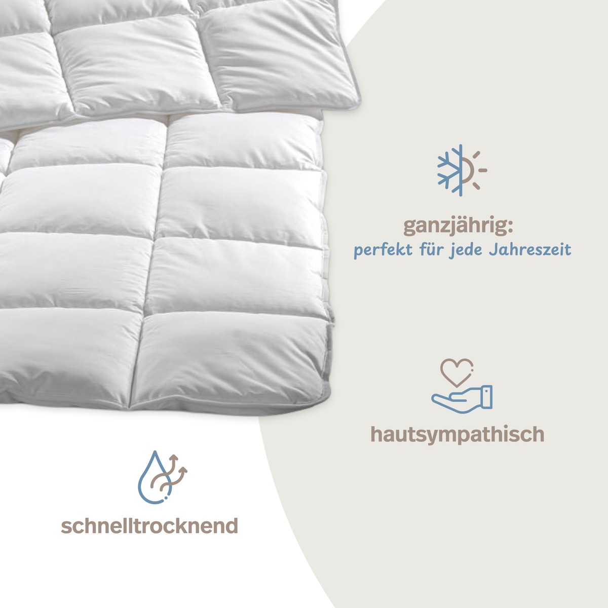PROCAVE MICRO-COMFORT Ganzjahresdecke Nahaufnahme mit Icons: ganzj&auml;hrig perfekt f&uuml;r jede Jahreszeit, schnelltrocknend, hautsympathisch &mdash; Produktvorteile auf einen Blick