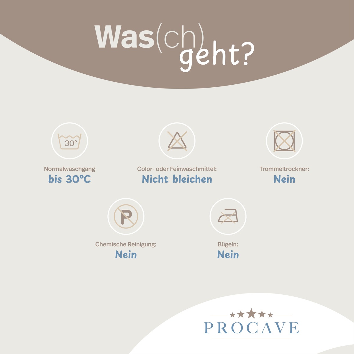 PROCAVE Noppenschoner &mdash; Pflegeinfografik: Normalwaschgang bis 30&deg;C, nicht bleichen, Trockner Nein, Chemische Reinigung Nein, B&uuml;geln Nein