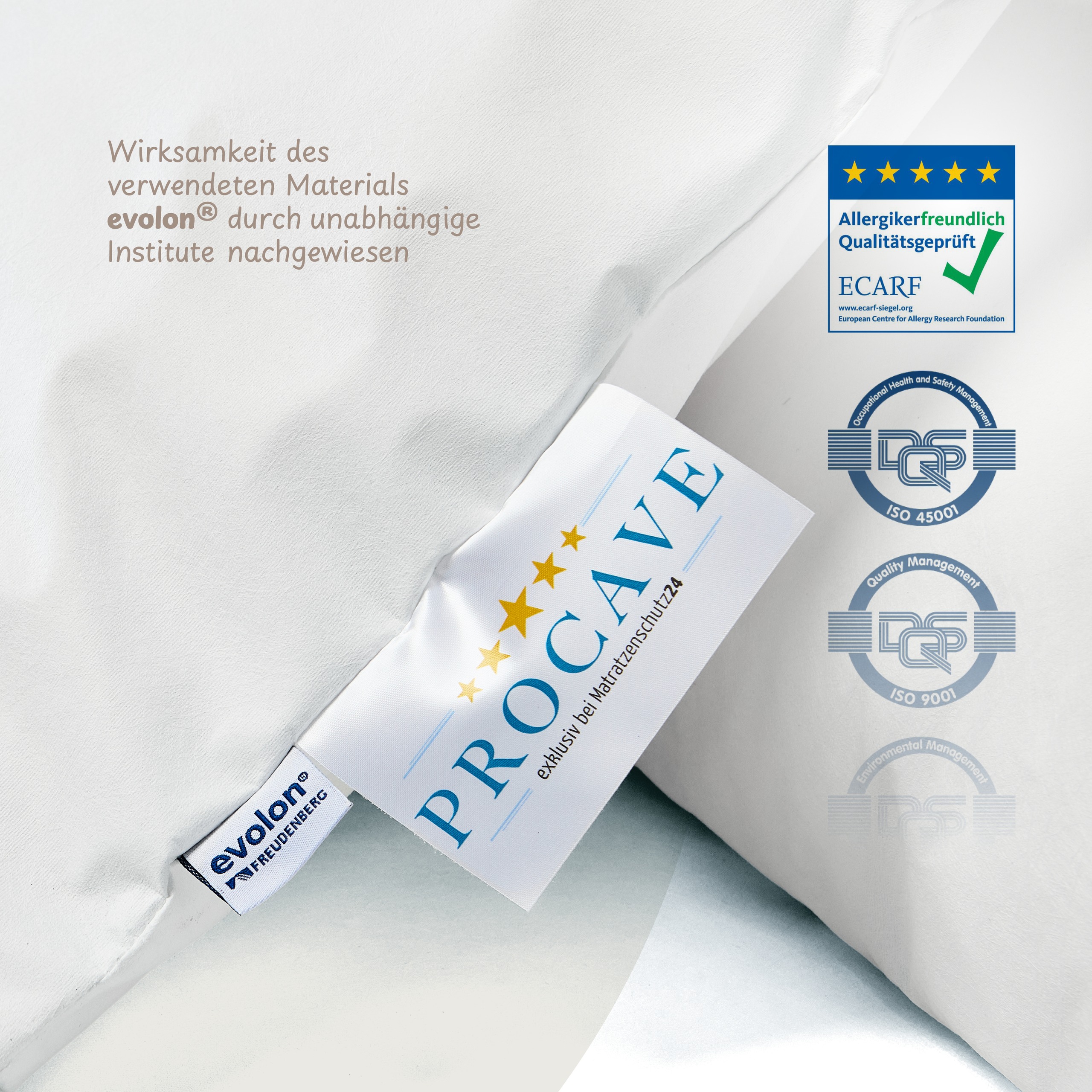 Evolon&reg; Markenlabel und ECARF-Qualit&auml;tssiegel auf dem PROCAVE ALLERGENA Bettdeckenbezug