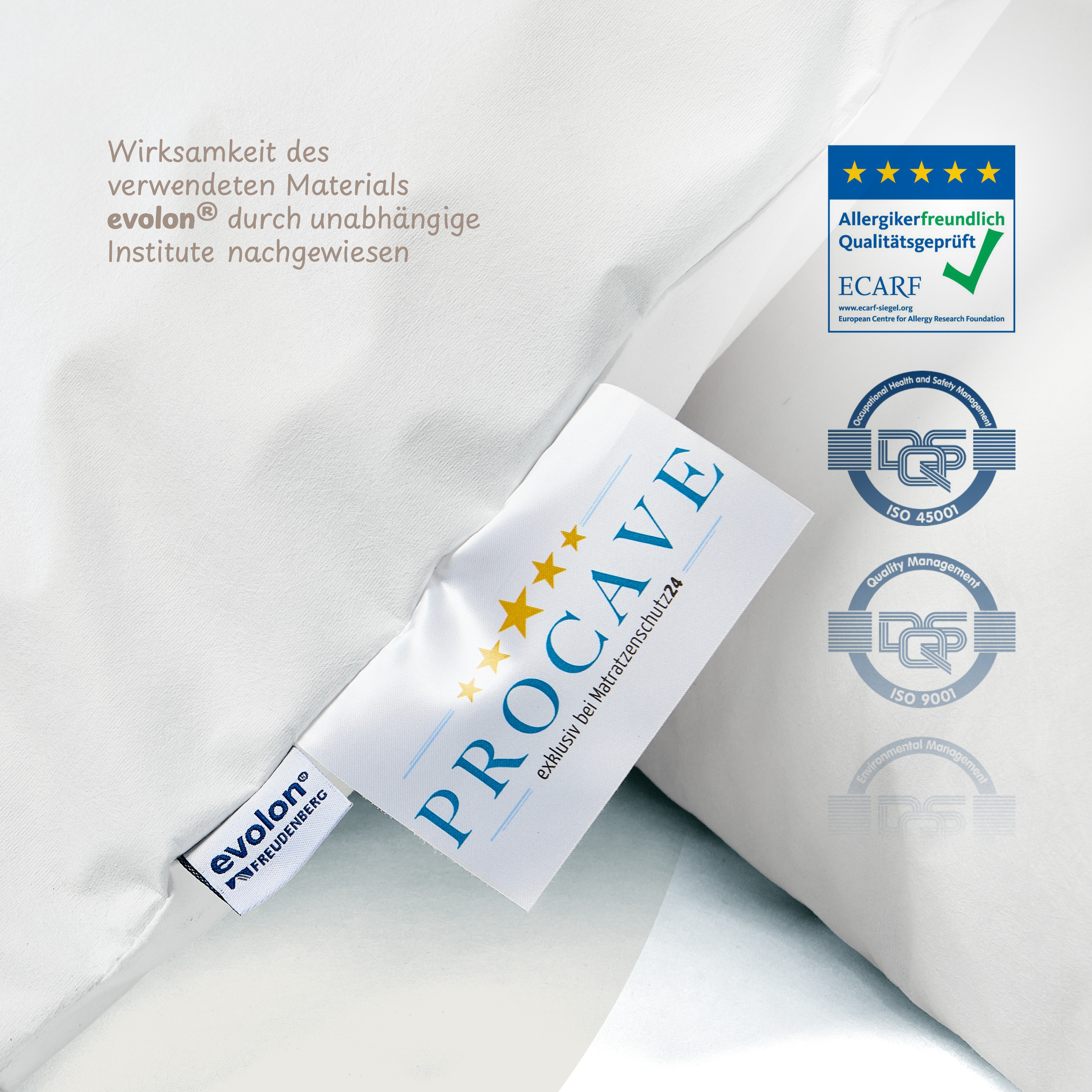 Evolon&reg; Markenlabel und ECARF-Qualit&auml;tssiegel auf dem PROCAVE ALLERGENA Kissenbezug &mdash; allergikerfreundlich gepr&uuml;ft und zertifiziert
