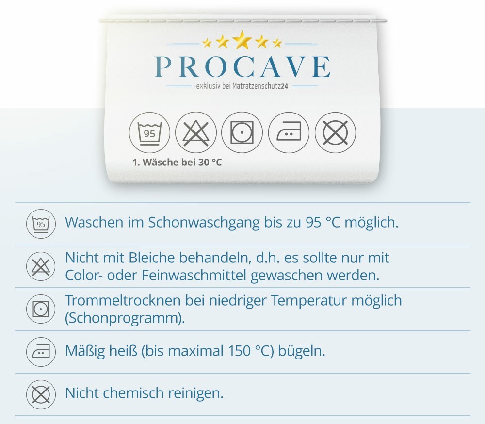 Waschsymbole f&uuml;r Molton-Matratzenauflage: 95 Grad W&auml;sche, trocknergeeignet und b&uuml;gelbar