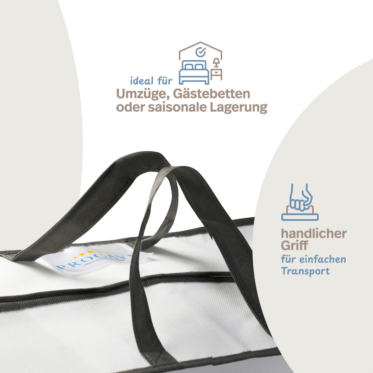 PROCAVE Aufbewahrungstasche f&uuml;r Decken-Kissen-Bettwaren &mdash; Infografik: ideal f&uuml;r Umz&uuml;ge, G&auml;stebetten oder saisonale Lagerung, handlicher Griff