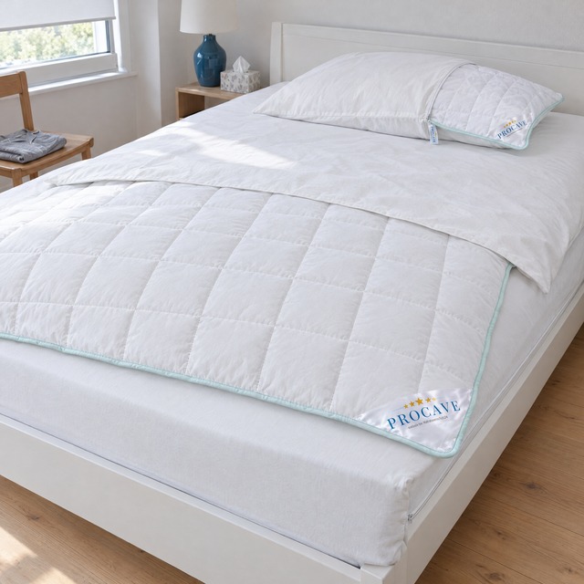 Bett beim Beziehen mit ALLERGENA Bettdecke und Kopfkissen mit mintfarbener Paspel, halb in Encasing-Bezügen, auf einer Matratze mit Encasing-Matratzenbezug