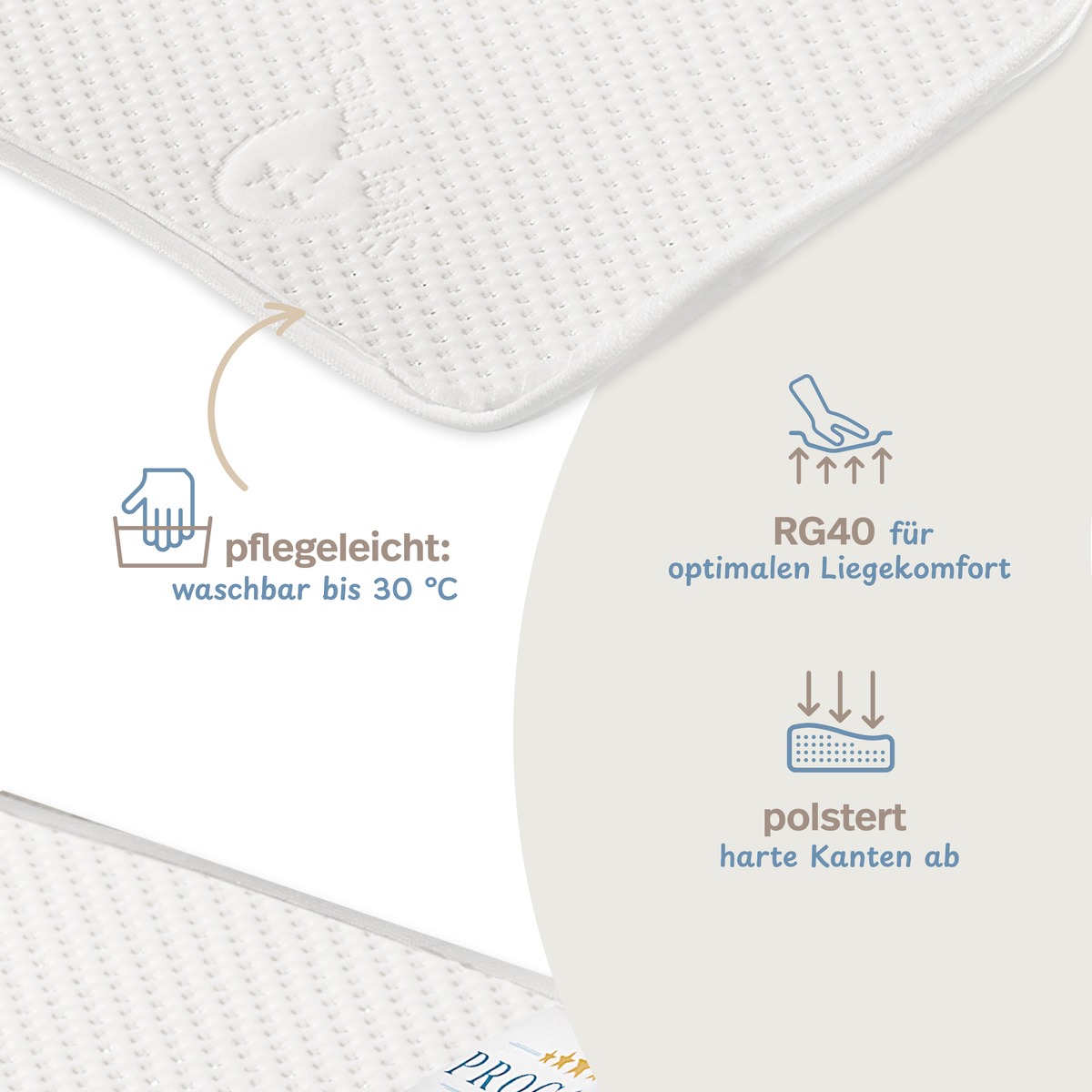 PROCAVE Liebesbr&uuml;cke mit Silver-Protect-Bezug &mdash; Infografik: pflegeleicht waschbar bis 30 &deg;C, RG40 f&uuml;r optimalen Liegekomfort, polstert harte Kanten ab
