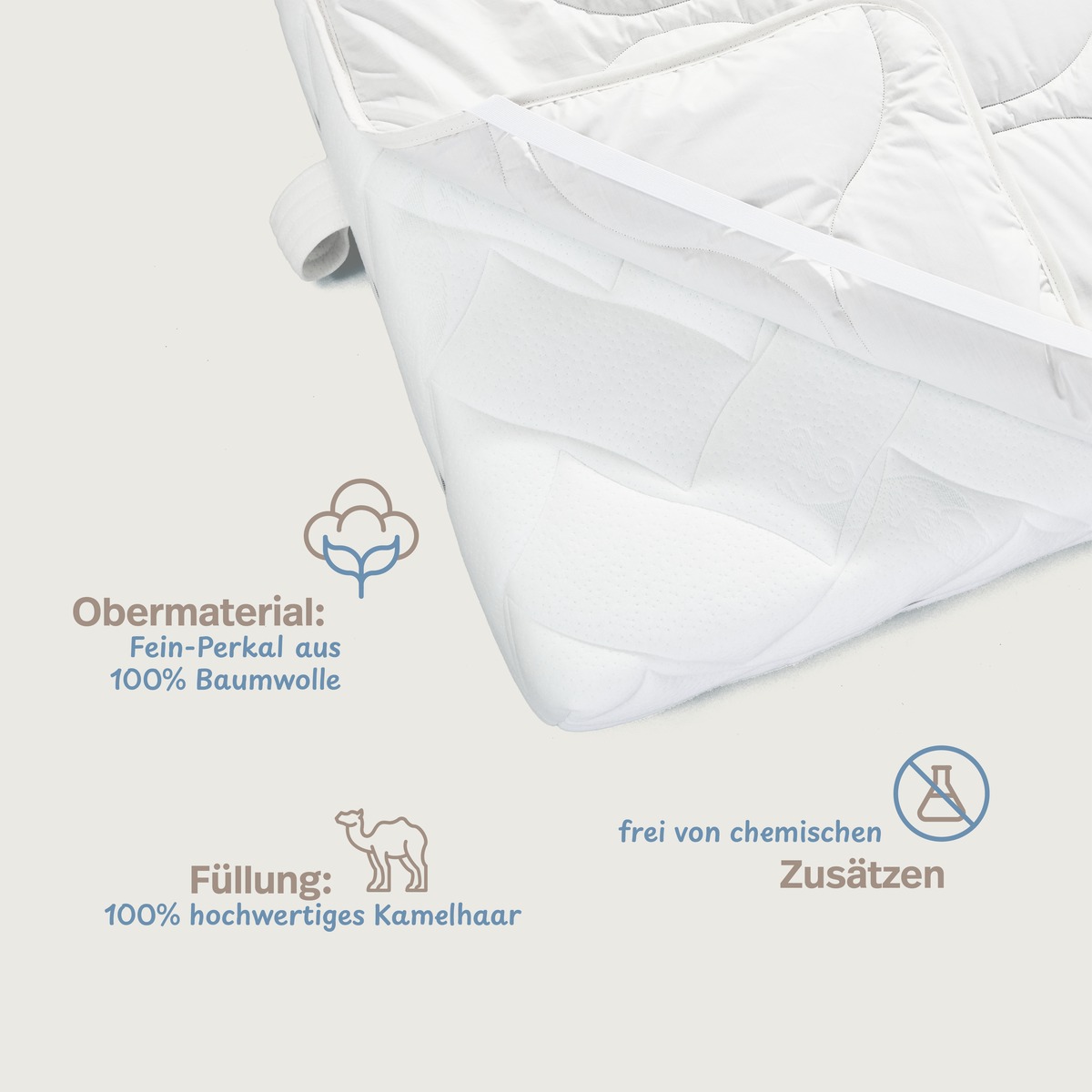 PROCAVE Matratzenschoner NATUR Kamelhaar — Infografik: Obermaterial Fein-Perkal aus 100 % Baumwolle, Füllung aus 100 % hochwertigem Kamelhaar, frei von chemischen Zusätzen