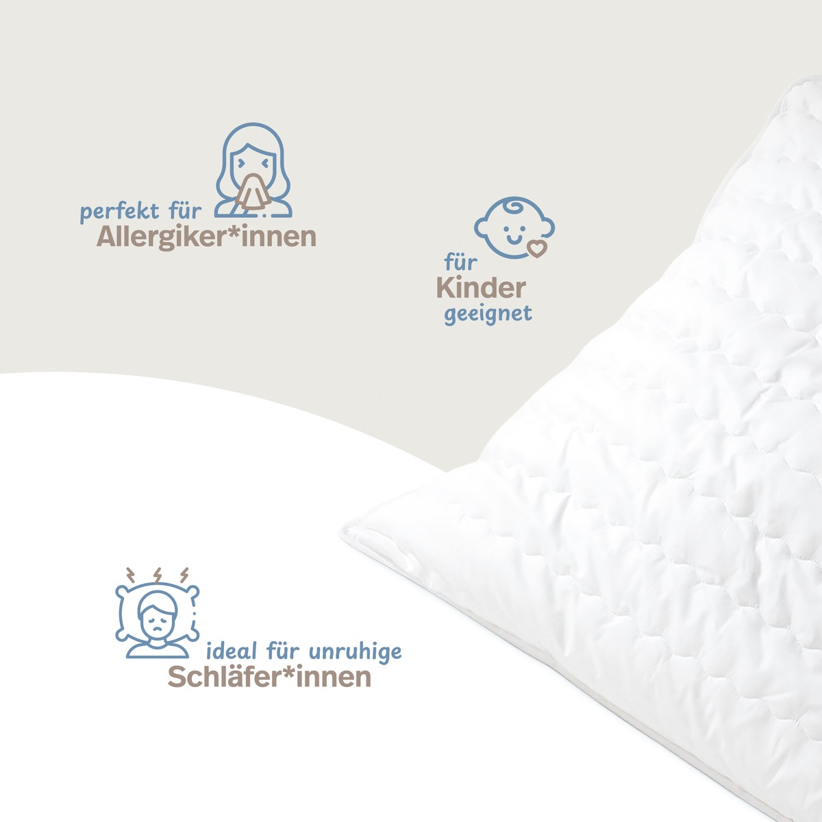 PROCAVE MICRO-COMFORT Kissen versteppt Infografik &mdash; perfekt f&uuml;r Allergiker*innen, f&uuml;r Kinder geeignet, ideal f&uuml;r unruhige Schl&auml;fer*innen